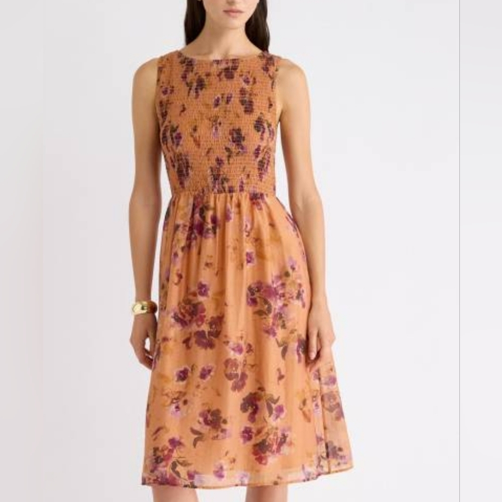 NWOT RW&CO. Floral Midi Dress in Orange and PurpleTextured Sleeveless, XS